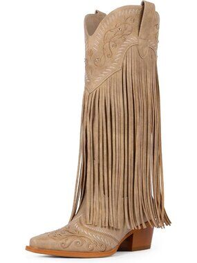 Women's Tan Faux Leather Cowgirl Fringe Knee High Boots Pointed Chunky Heel